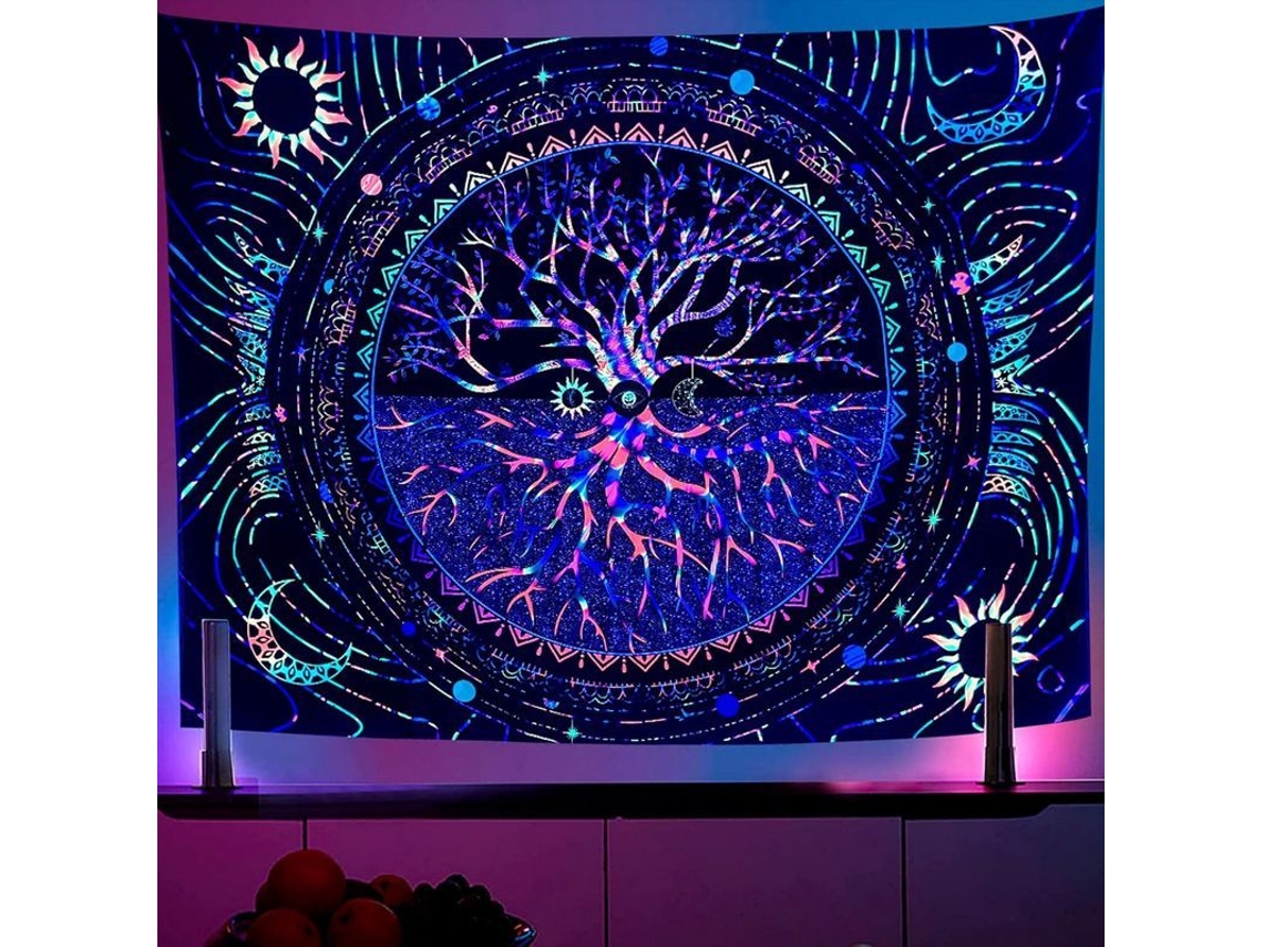 Tapestry Árvore da Vida Blacklight 230x180cm Parede Reativa UV Galáxia Sol e Lua | S/MARCA