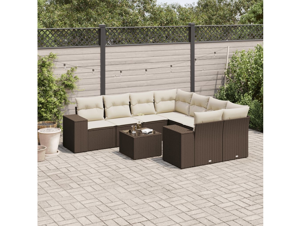 Vidaxl 9 Pcs Conjunto Sofás P/ Jardim C/ Almofadões Vime Pe Castanho