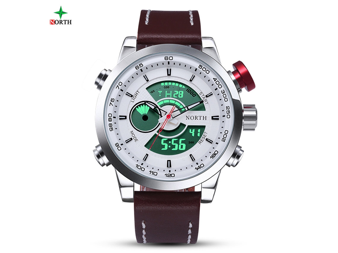 Relógio de Pulso Masculino Quartz com Display Digital e Analógico de Couro Branco 30m