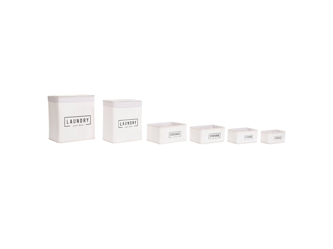 Conjunto de 6 Cestos de Roupa Suja em Poliéster Branco com Detalhes em Bambu, 40x30x46cm ALEXANDRA HOUSE LIVING