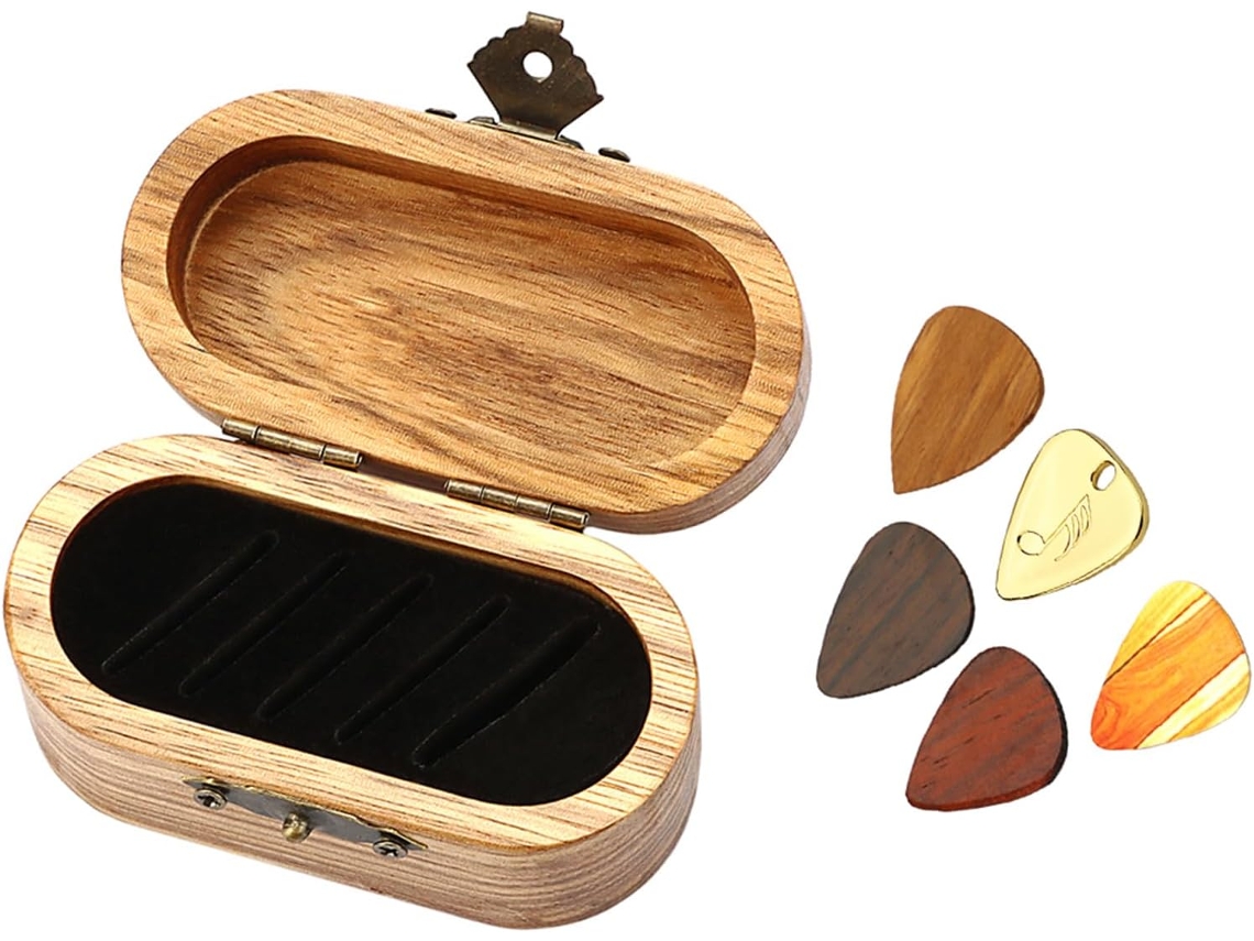 Caixa Para Guardar Palhetas De Guitarra Com 5 Palhetas De Madeira, Zebrano