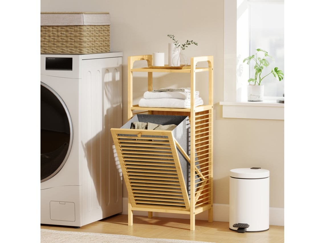 Cesto Para Roupa, 40 X 30 X 95 Cm, Com Pegas, Bambu, Natural