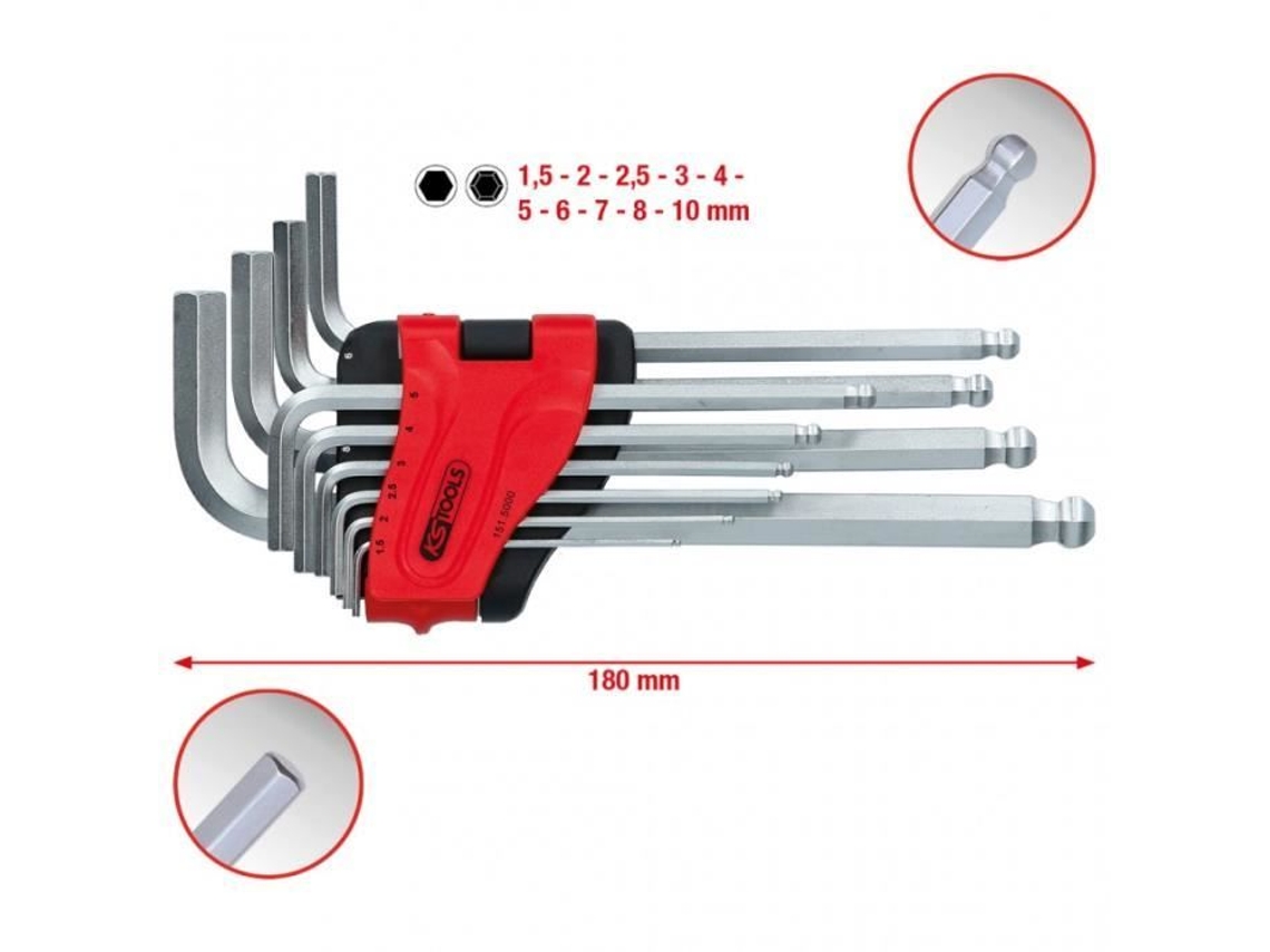 Conjunto de Chaves Macho Angulares com Sextavado Interno e Cabeça Esférica Longa 10 Unidades KS TOOLS