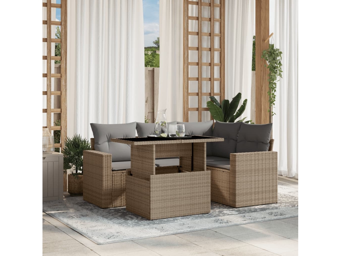Vidaxl 5 Pcs Conjunto De Sofás P/ Jardim Com Almofadões Vime Pe Bege