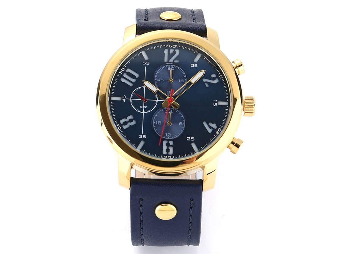 Relógio de pulso masculino de quartzo, estilo cavalheiro, dourado e azul.