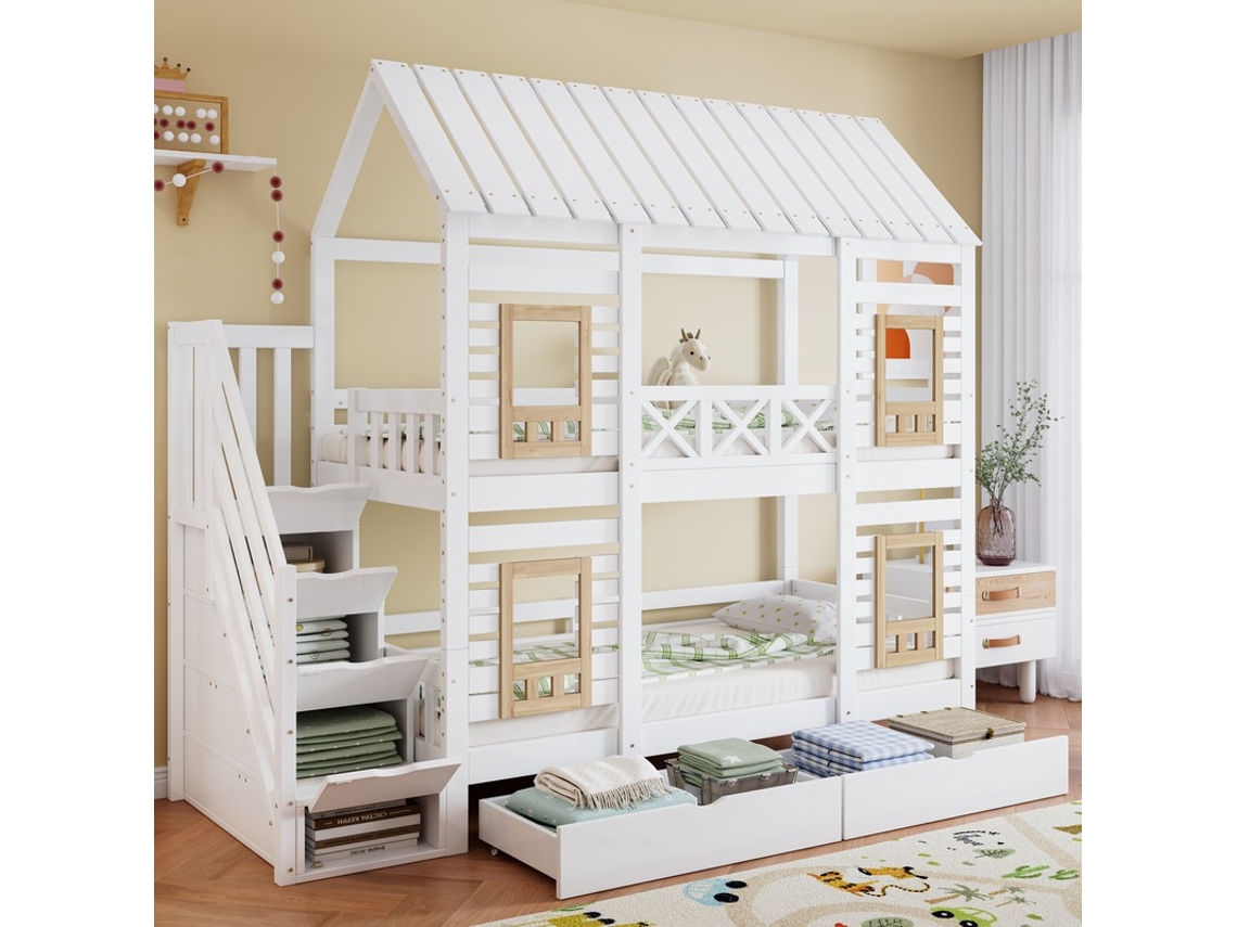 Beliche infantil Pinho VELTRIX, 90x200 cm com gavetas e escada
