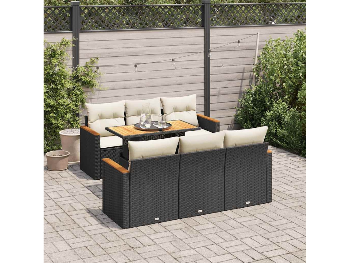 Vidaxl 7 Pcs Conjunto Sofás Jardim C/ Almofadões Vime Pe/acácia Preto