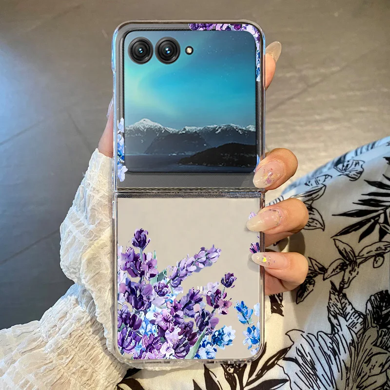 ((a707)razr 50) Capa Dobrável Transparente Com Estampa Floral, Resistente A Impactos, Em Pc Rígido.