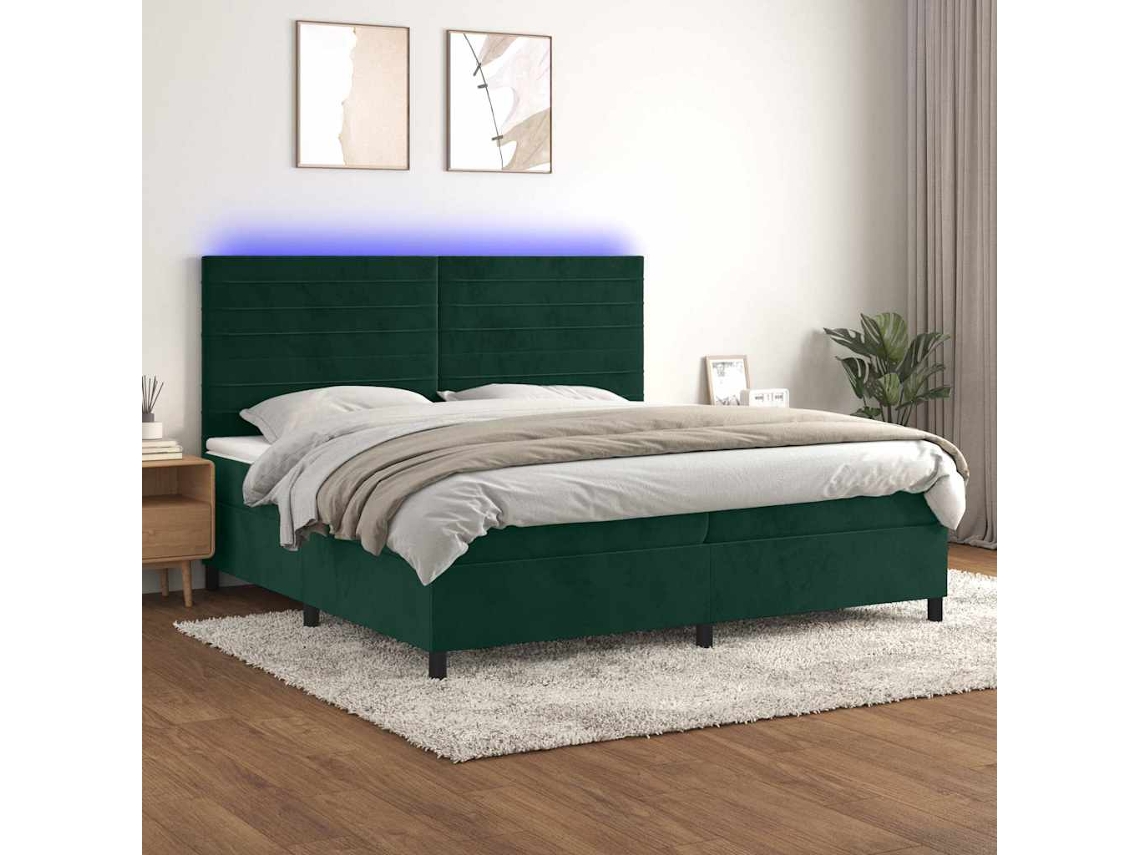 Vidaxl Cama Box Spring C/ Colchão/led 200x200 Cm Veludo Verde escuro