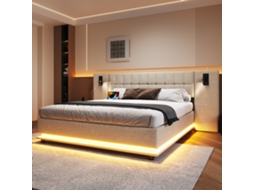 Cama Box 180x200cm, Painel Com Led E Spots, Usb, Sem Colchão, Linho Bege.