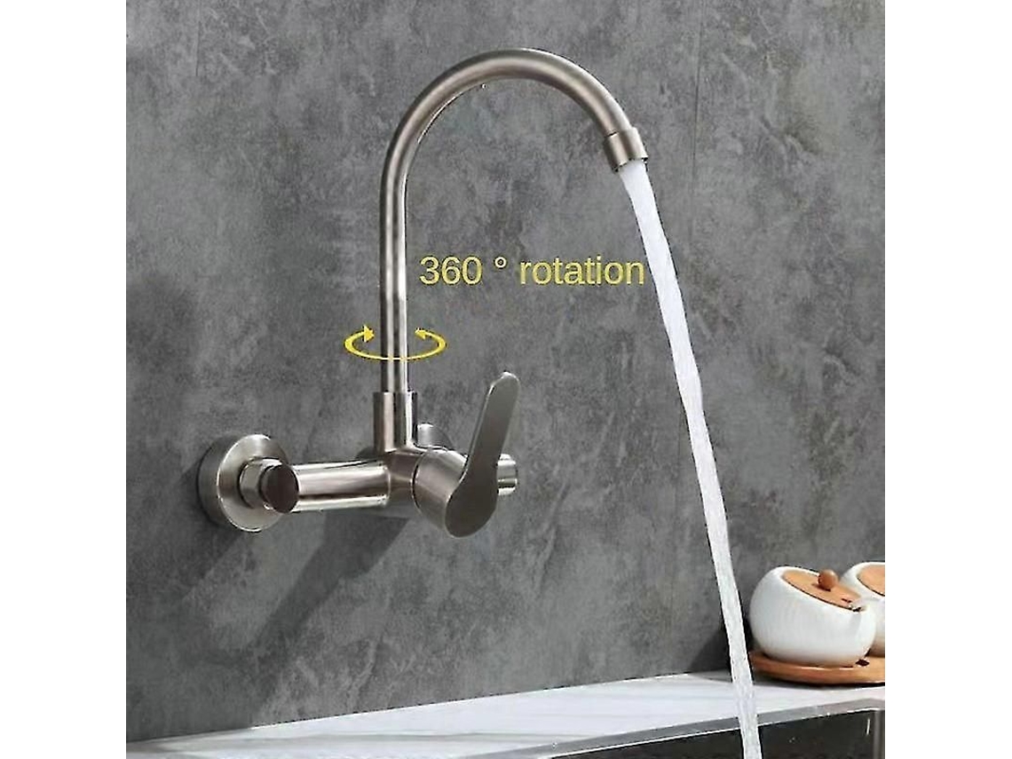 Torneira de parede com pulverizador, alta pressão, aço inoxidável, para cozinha, lavanderia, comercial, com misturador deslizante, cor prata.