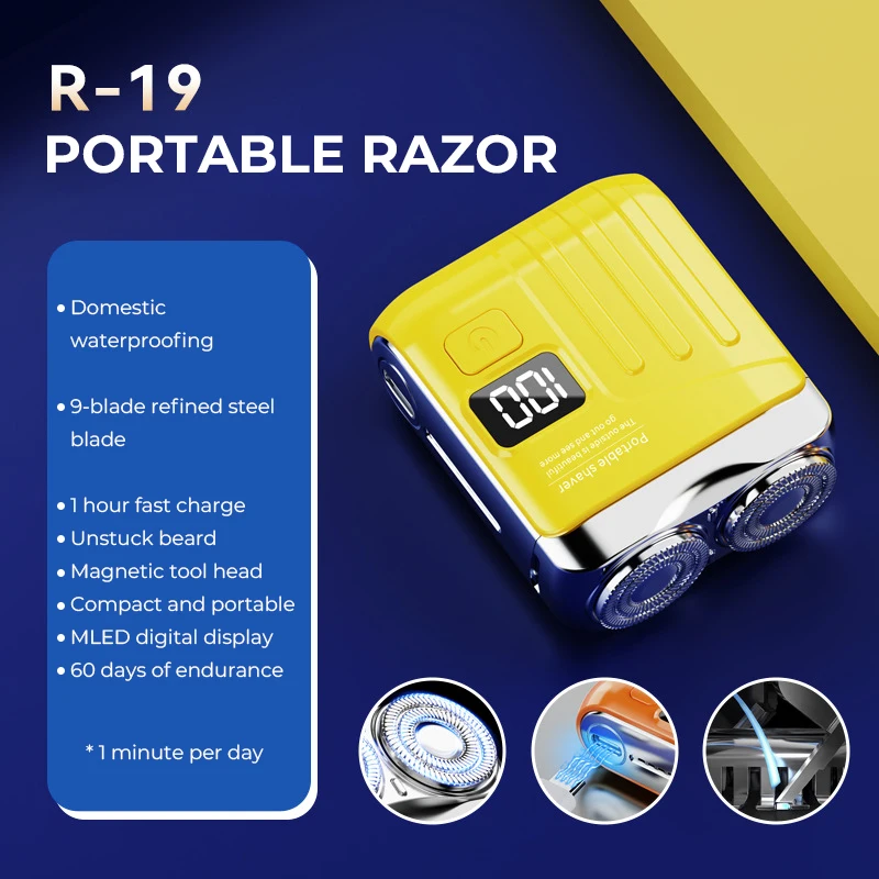 Barbeador Elétrico Inteligente, Visor Digital, Mini Cabeça de Lâmina Dupla, Barbeador de Viagem, Recarregável MDUG (r19 Amarelo)