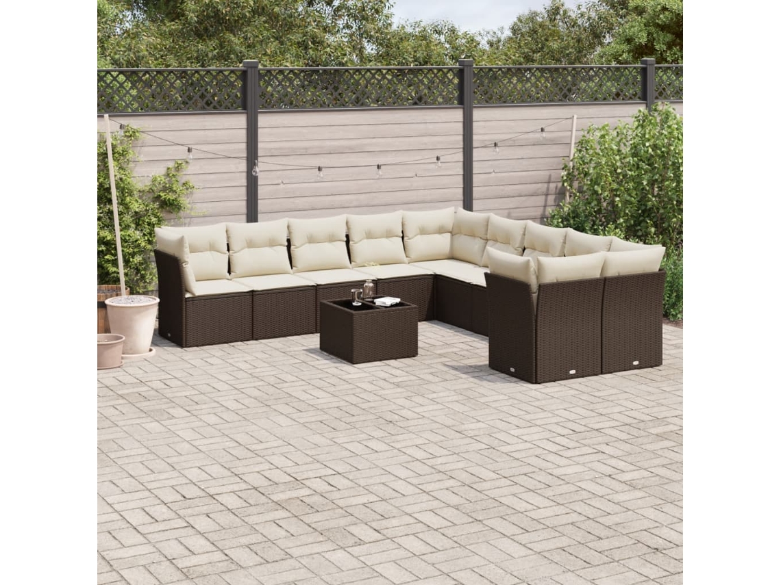 Vidaxl 11 Pcs Conjunto Sofás de Jardim C/ Almofadões Vime Pe Castanho