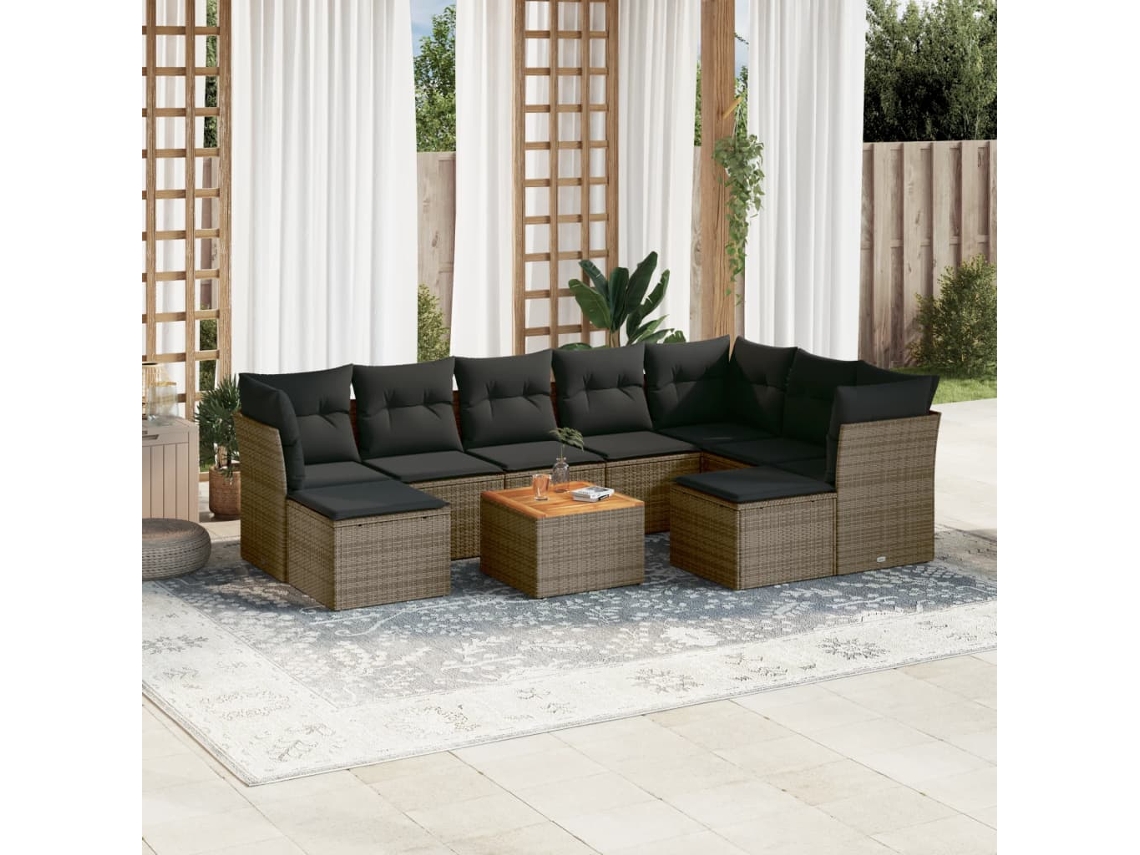 Vidaxl 10 Pcs Conjunto Sofás De Jardim C/ Almofadões Vime Pe Cinzento