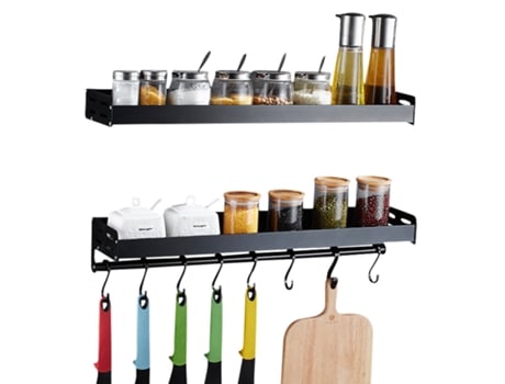 Especiero de pared, 2 piezas, 5 ganchos extraíbles, aluminio, negro. Fitags