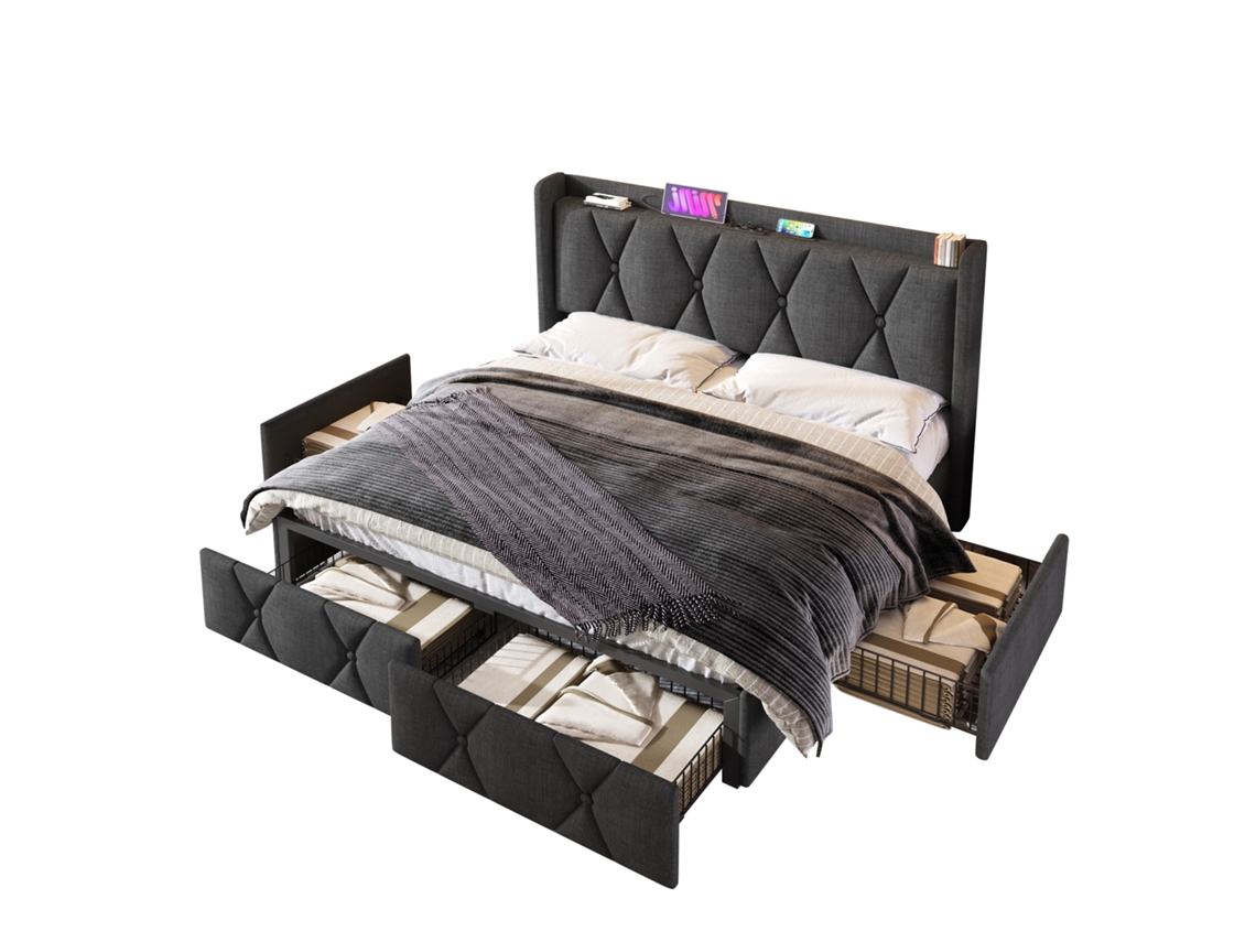 Cama de Casal Estofada com Carregador Usb, cabeceira e 4 gavetas, 140x200 cm, estrutura com arrumação em Cinza PAPRIKA