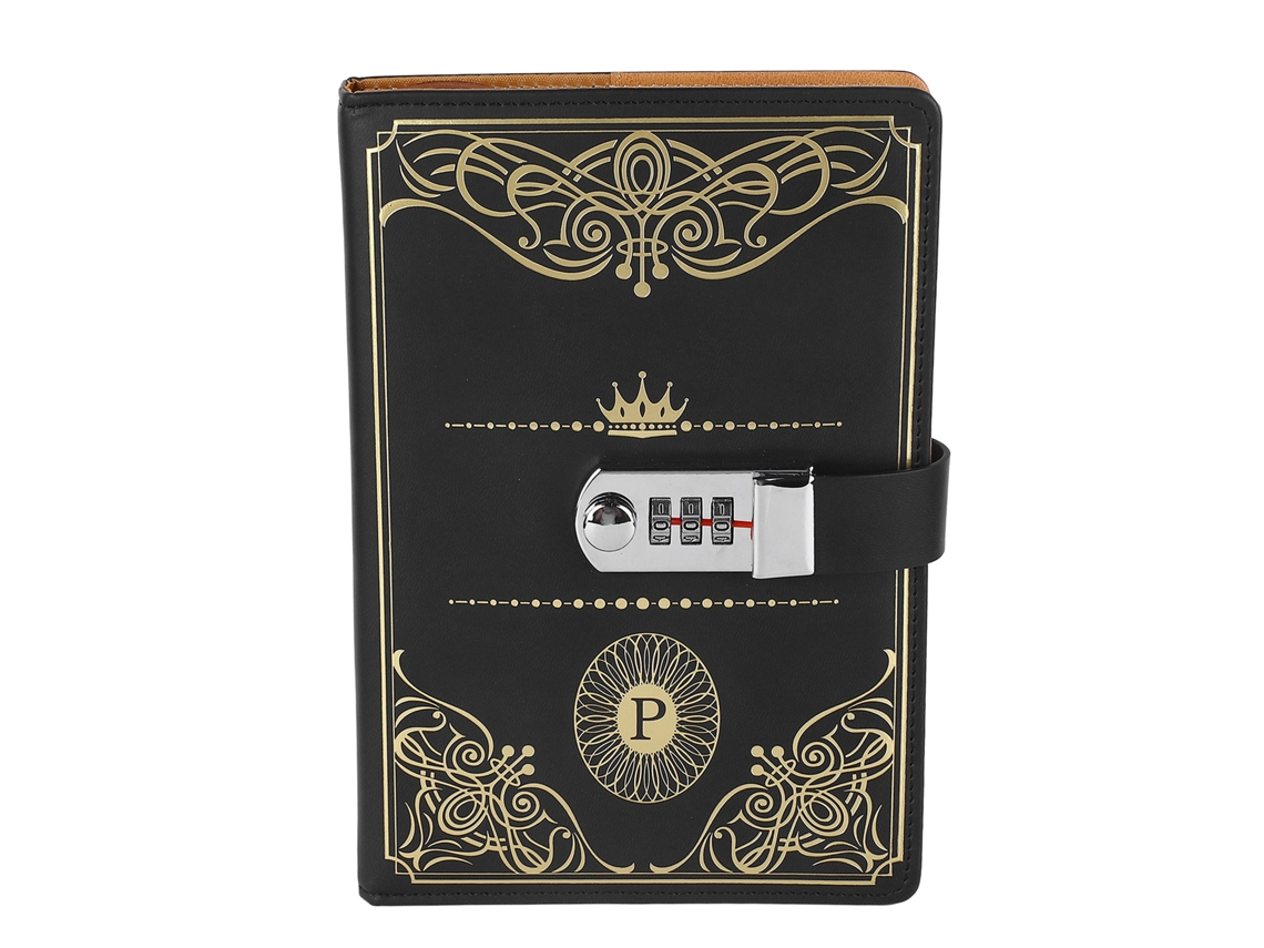 Caderno A5 Com Fechadura Retro Ouro Preto 300 Páginas Papel Liso E Rayado Para Escola, Escritório E Viagens