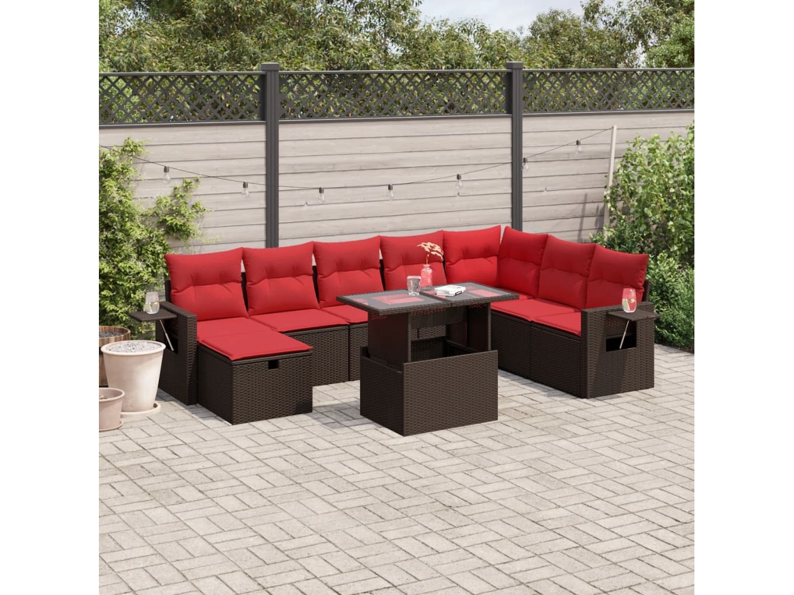 Vidaxl Conjunto De Sofá De Jardim Com 9 Peças E Almofadas Em Rattan Sintético Marrom