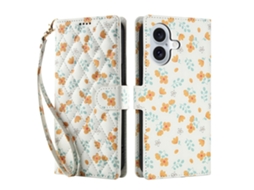 Capa Para Iphone 17 Em Couro Com Estampa De Losangos E Flores, Branca.