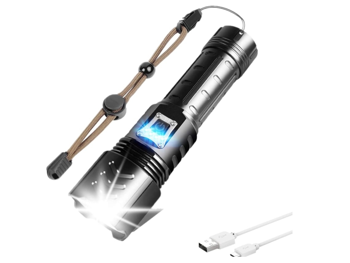 Lanterna Led Xhp90 Tática Recarregável Usb Potente Luz 5 Modos de Iluminação À Prova D'Água com Zoom Ajustável Preta Bisbisous VIGA EUROPE