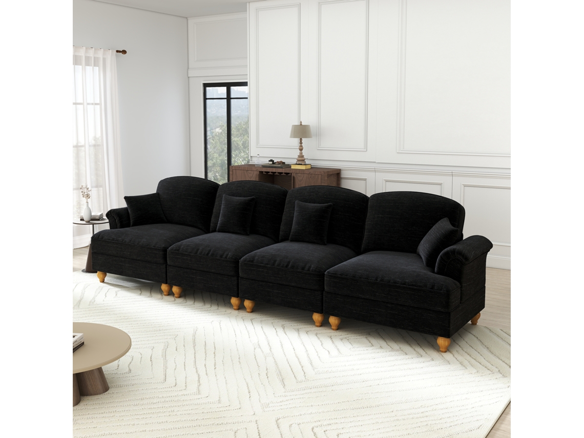 Sofá de 4 Lugares MOBRIO Estilo Mid Century em Chenille, Braços em Forma de Funil Preto