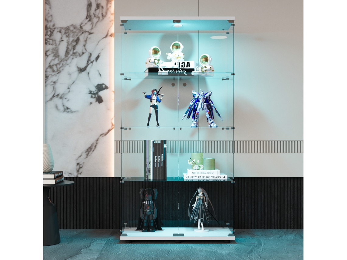 Vitrine de vidro com 4 nichos, Armário de vidro com porta dupla, iluminação LED e data, para hall de entrada, sala de estar e quarto, branco ROSAHQNDA