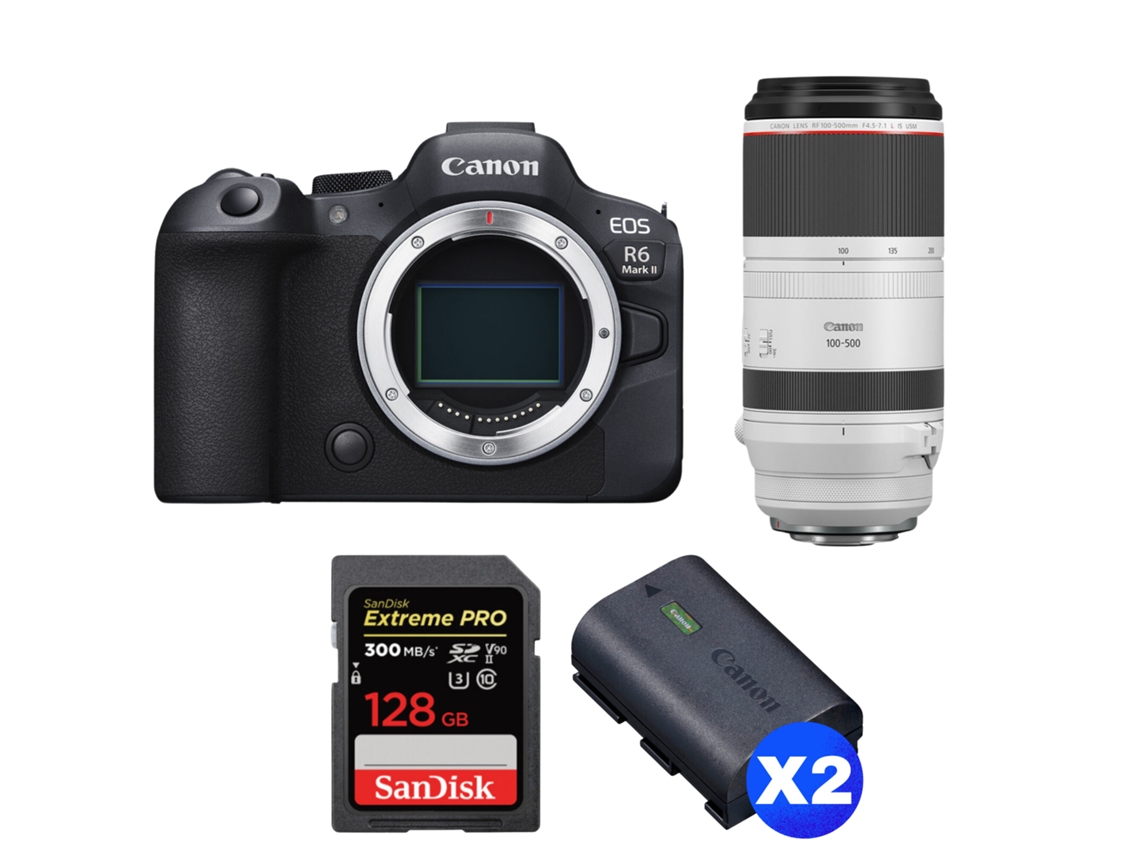 Eos R6 Mark Ii + Rf 100 500mm F/4.5 7.1 L Is Usm + 1 Sandisk 128gb Uhs ii 300mb/s + 2 Canon Lp e6nh + Ebook Pricedirect CANON