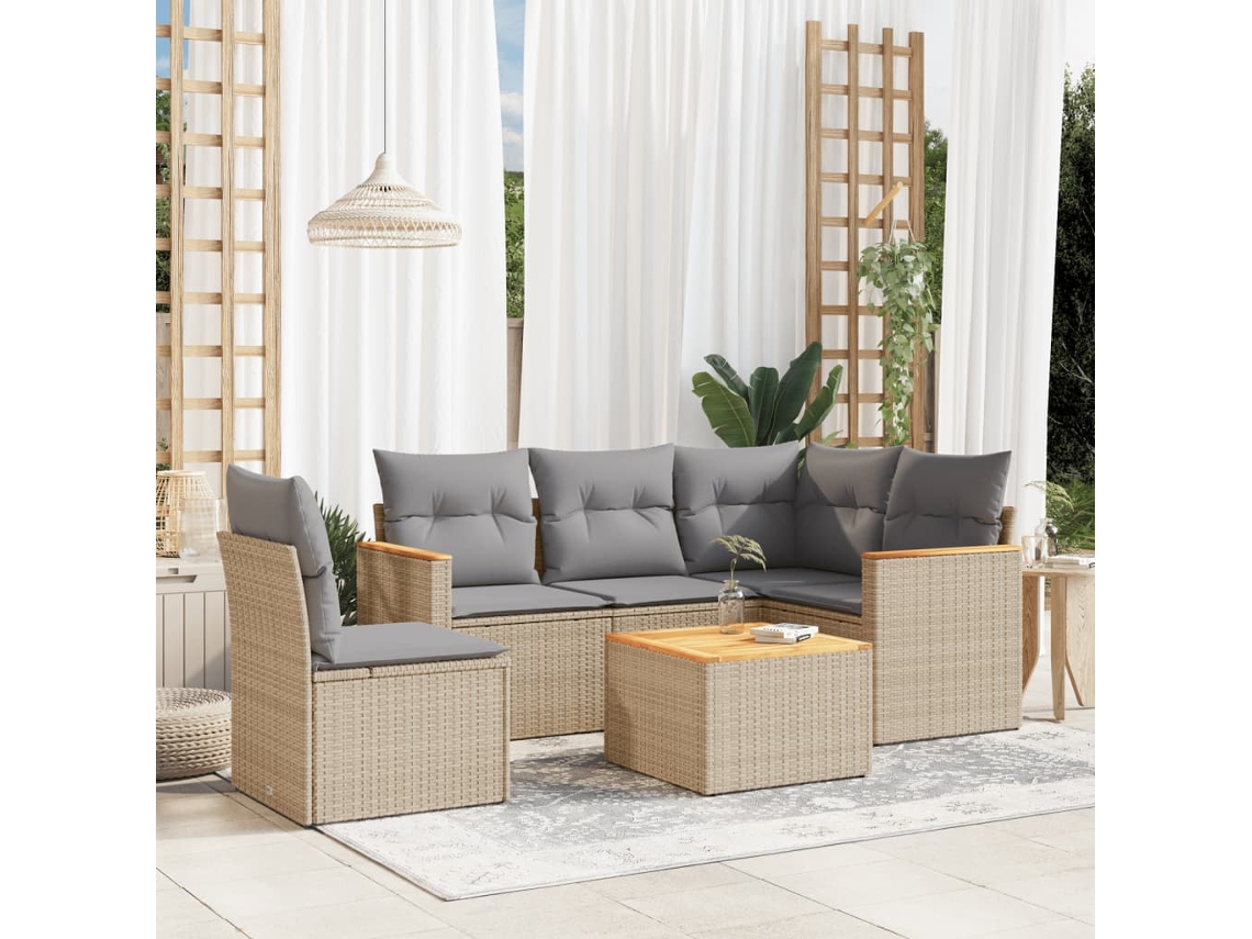 Vidaxl 6 Pcs Conj. Sofás Jardim C/ Almofadões Vime Pe Bege Misturado
