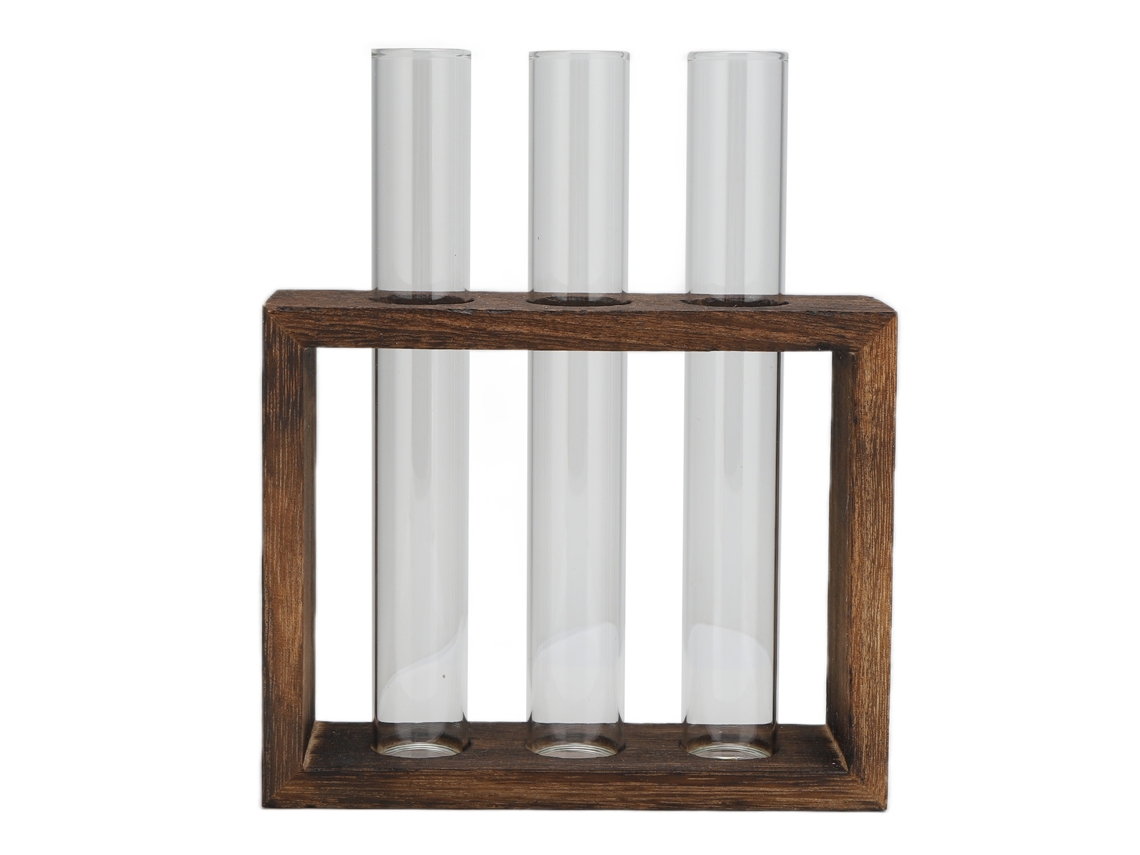 Vaso De Vidro Tubular Mesa Vidro Borossilicato Aro Madeira 3 Unidades
