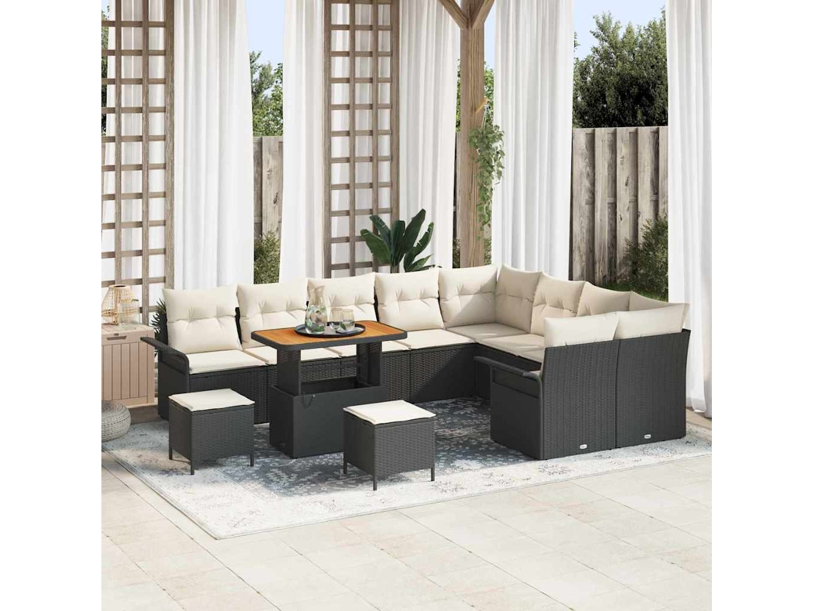 Vidaxl Conjunto De Sofá De Jardim Com Almofada 12 Pcs Preto E Creme