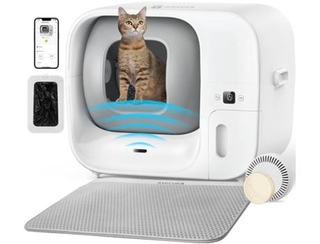 Caixa de Areia para Gatos AMICURA Cura 3 Autolimpante e autoembalável com 7 sensores, App inteligente - Monitorização da Saúde e Sistema de Deteção de Vários Gatos (60 L)