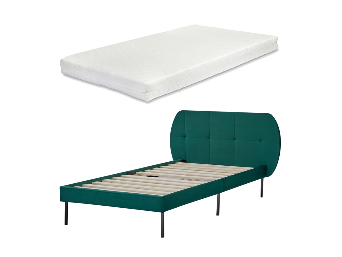 Cama com Colchão e Cabeceira Estofada Porvoo [EN.CASA] Madeira de Pinho Veludo Verde (90x200cm)