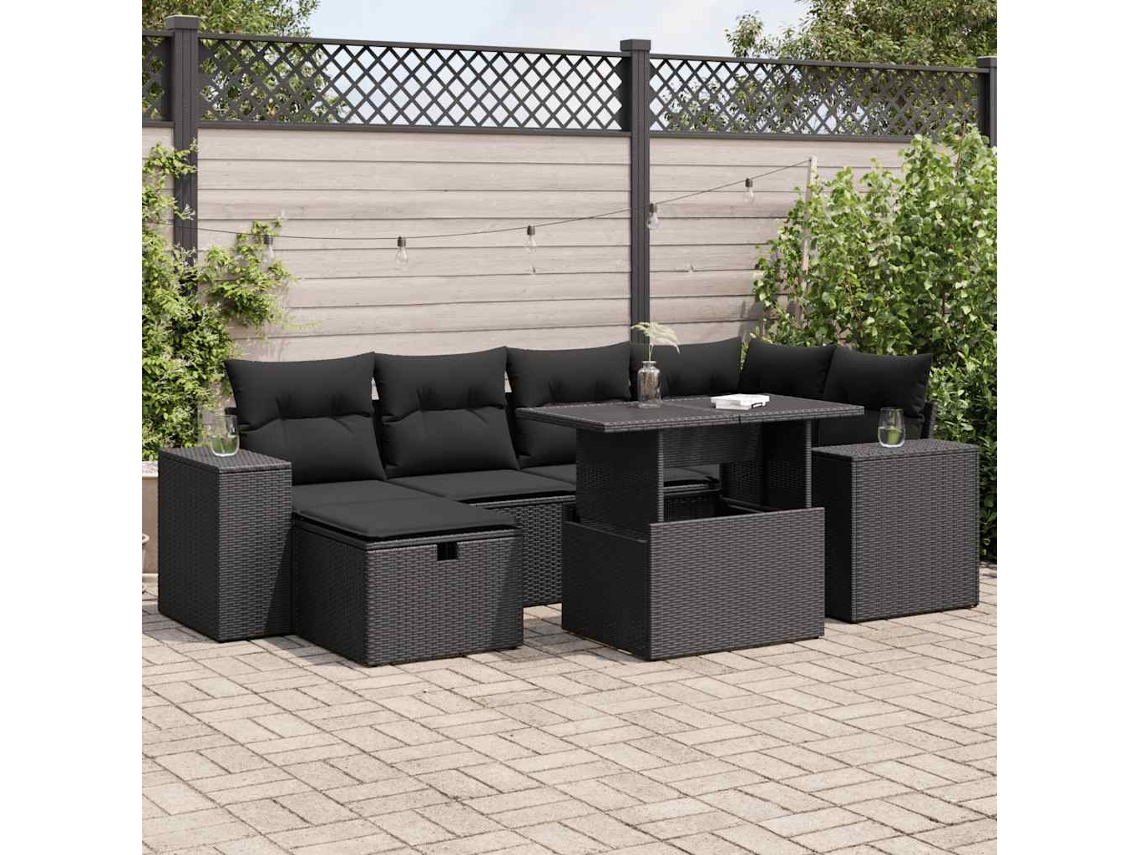 Vidaxl 8 Pcs Conjunto Sofás de Jardim com Almofadões Vime Pe Preto