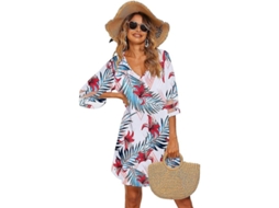 2026 vestido de Praia Casual para Mulher com Gola V e Manga 3/4, Tapadera de Bikini Solta e Leve de Verão
