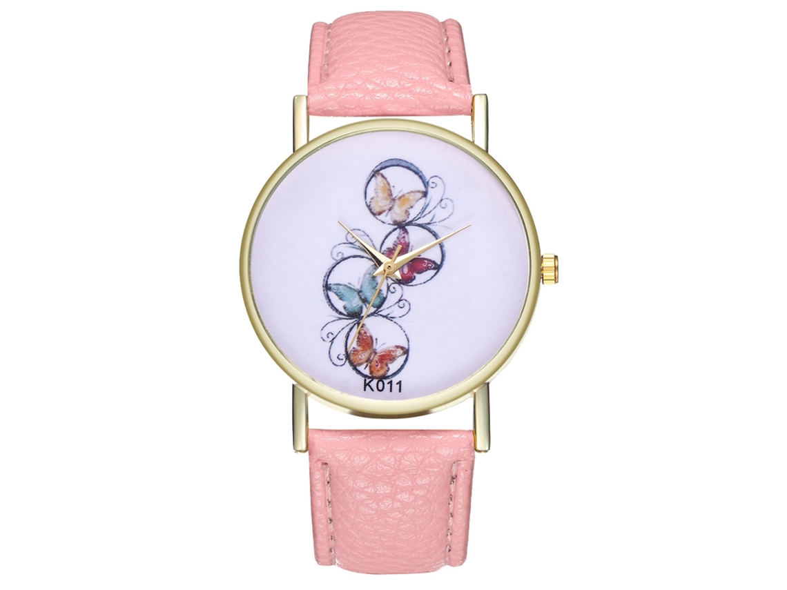 Relógio de Pulso Unissex de Quartzo com Pulseira de Couro Pu Padrão Borboleta Rosa