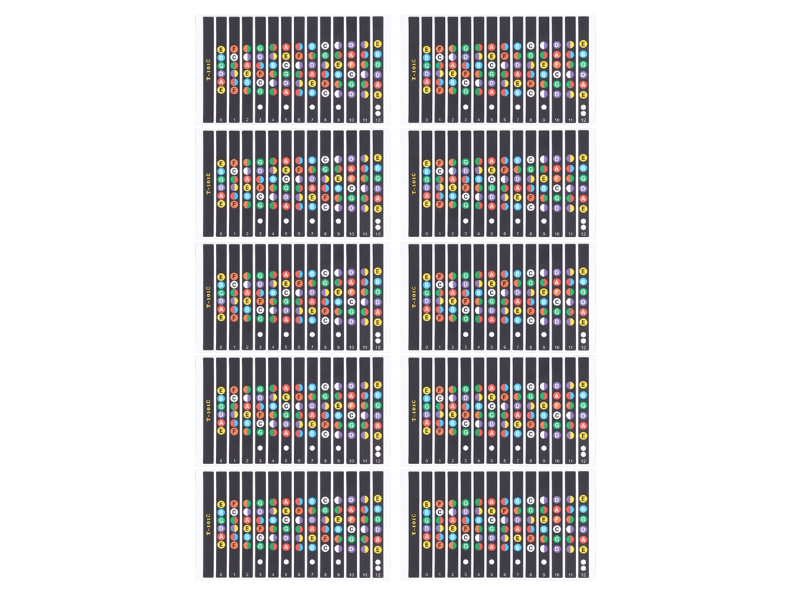 Adesivos para braço de guitarra, 10 folhas com escala codificada de notas nos trastes para iniciantes T-101c