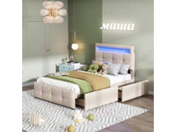 Cama Estofada 90*200cm, Led, 2 Gavetas, Linho Amigo Da Pele, Solteiro Apartamento/jovem/hóspedes, Bege-op