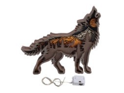Estátua de lobo de madeira com luz de fio multicamadas esvaziada decorativa presente casa prateleira S/MARCA