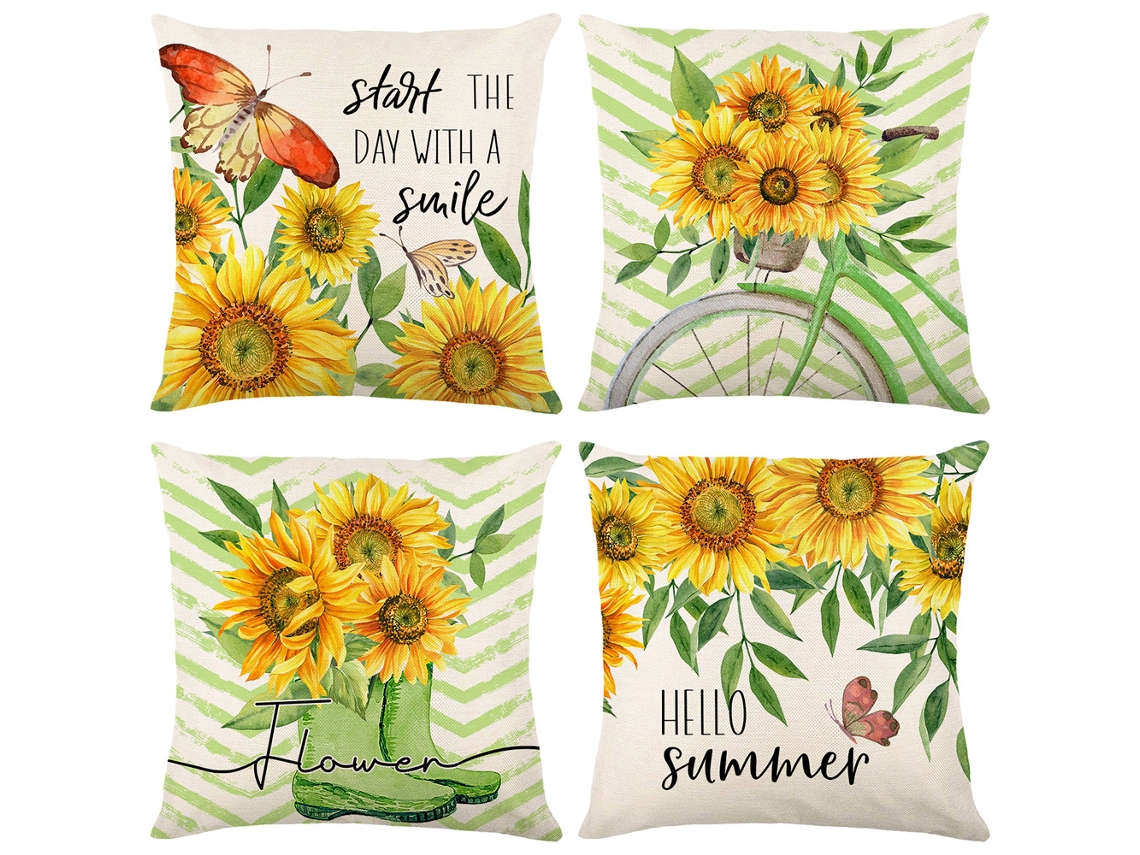4 Fronhas De Girassol De Verão Em Linho Com Estampa Para Sofá De Sala, Almofada Decorativa 45x45cm
