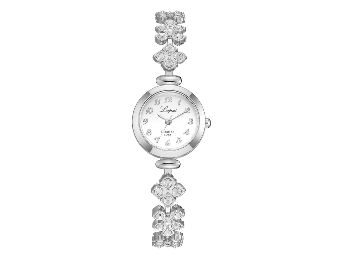 Relógio de Pulso Feminino de Quartzo com Strass e Corrente Pratabranco Estilo Elegante