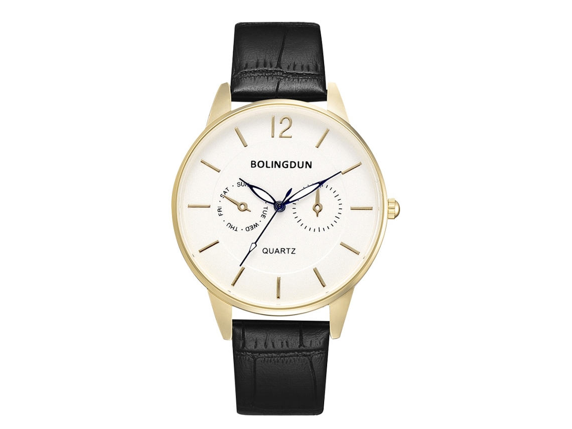 Relógio casual e elegante em couro PU para homens e mulheres, mostrador redondo, movimento de quartzo (dourado masculino)