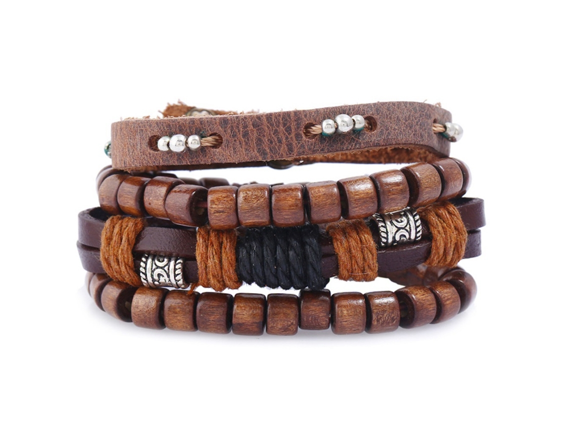 Pulseira De Couro Conjunto 4 Peças Ajustável Tecido Manual