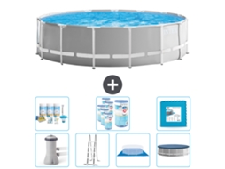 Piscina INTEX Round Prism Frame 457 X 122 Cm Cinza Inclui Bomba Escada Lençol Cobertura Pacote de Manutenção Filtros Ladrilhos