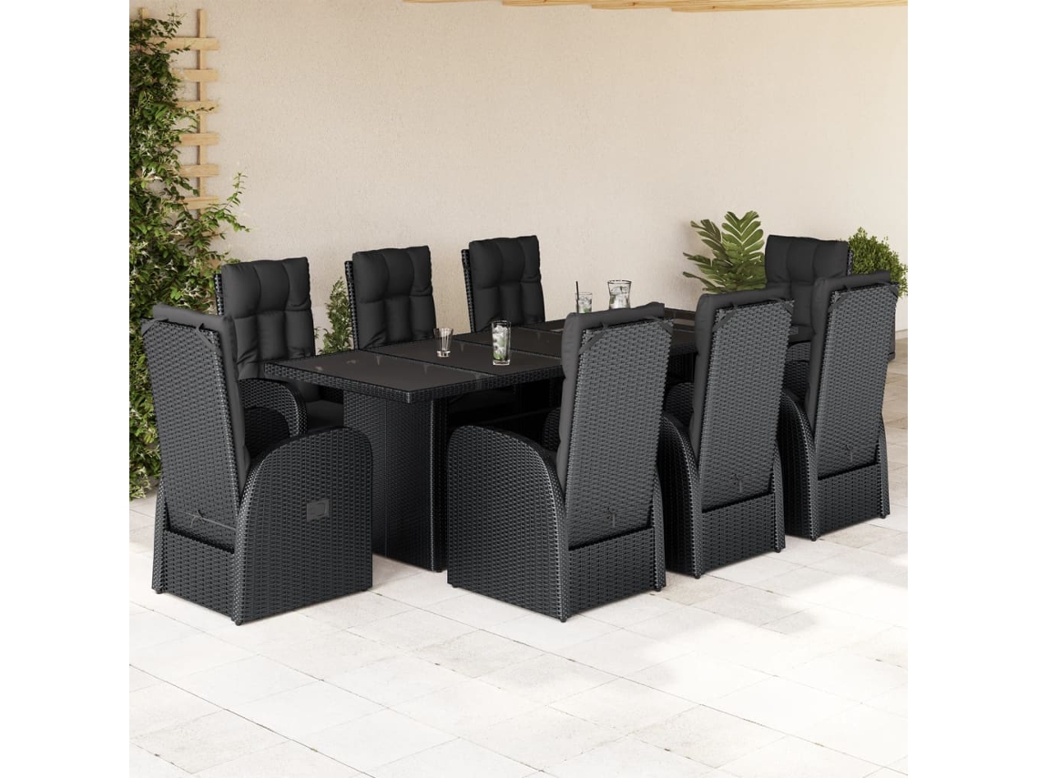 Vidaxl 9 Pcs Conjunto De Jantar P/ Jardim C/ Almofadões Vime Pe Preto
