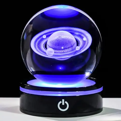 Bola de Cristal 3d Saturno de 8 Cm com Base de Led Colorida MDUG
