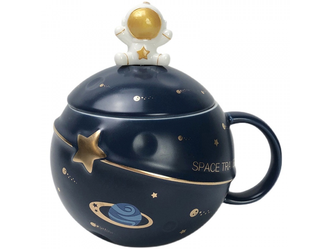 Caneca De Astronauta Com Planeta Espacial Em Relevo, Cerâmica Fofa, Inovadora Tampa E Colher Para Café, Chá Leite Aquaforge (azul Escuro)