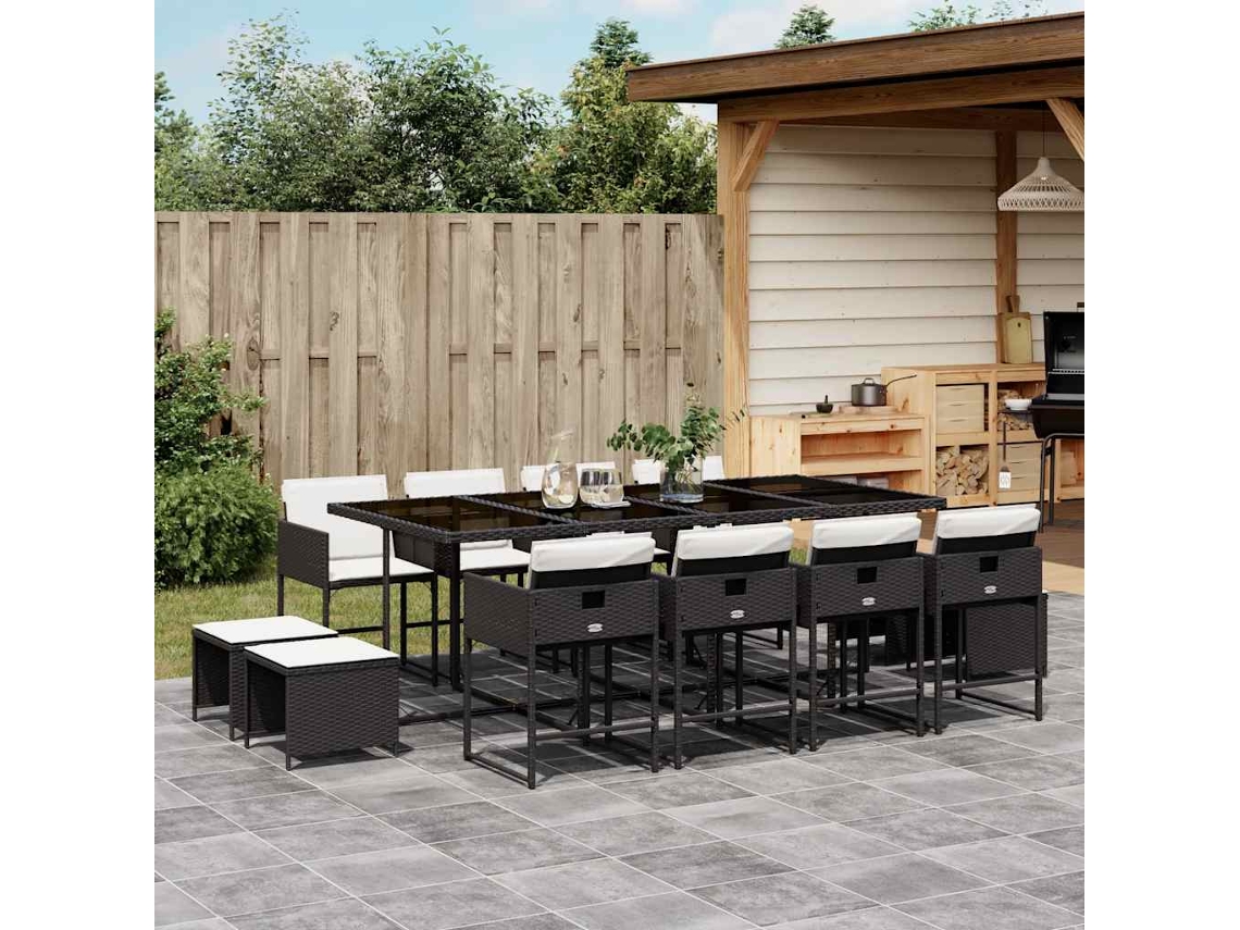 Vidaxl 13 Pcs Conjunto De Jantar P/jardim Com Almofadões Vime Pe Preto