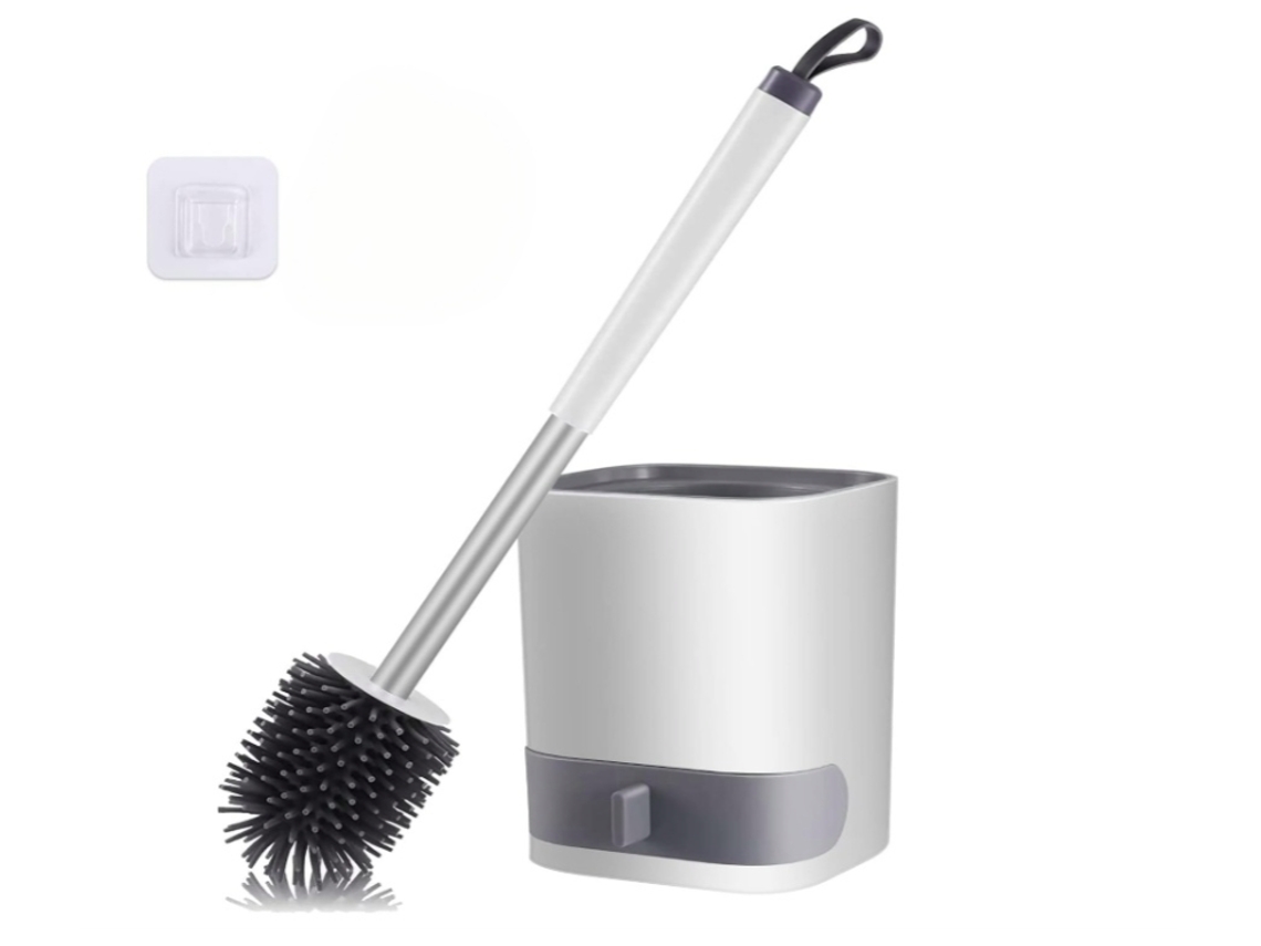 Escova De Vaso Sanitário De Silicone Com Suporte De Secagem Rápida E Cabo Antiderrapante De Aço Inoxidável Para Banheiro, Branca