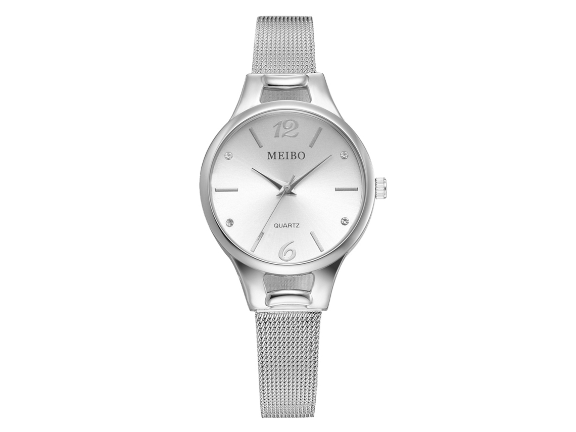 Relógio Feminino de Quartzo com Pulseira de Malha Elegante Ultra Fino Prata Branco