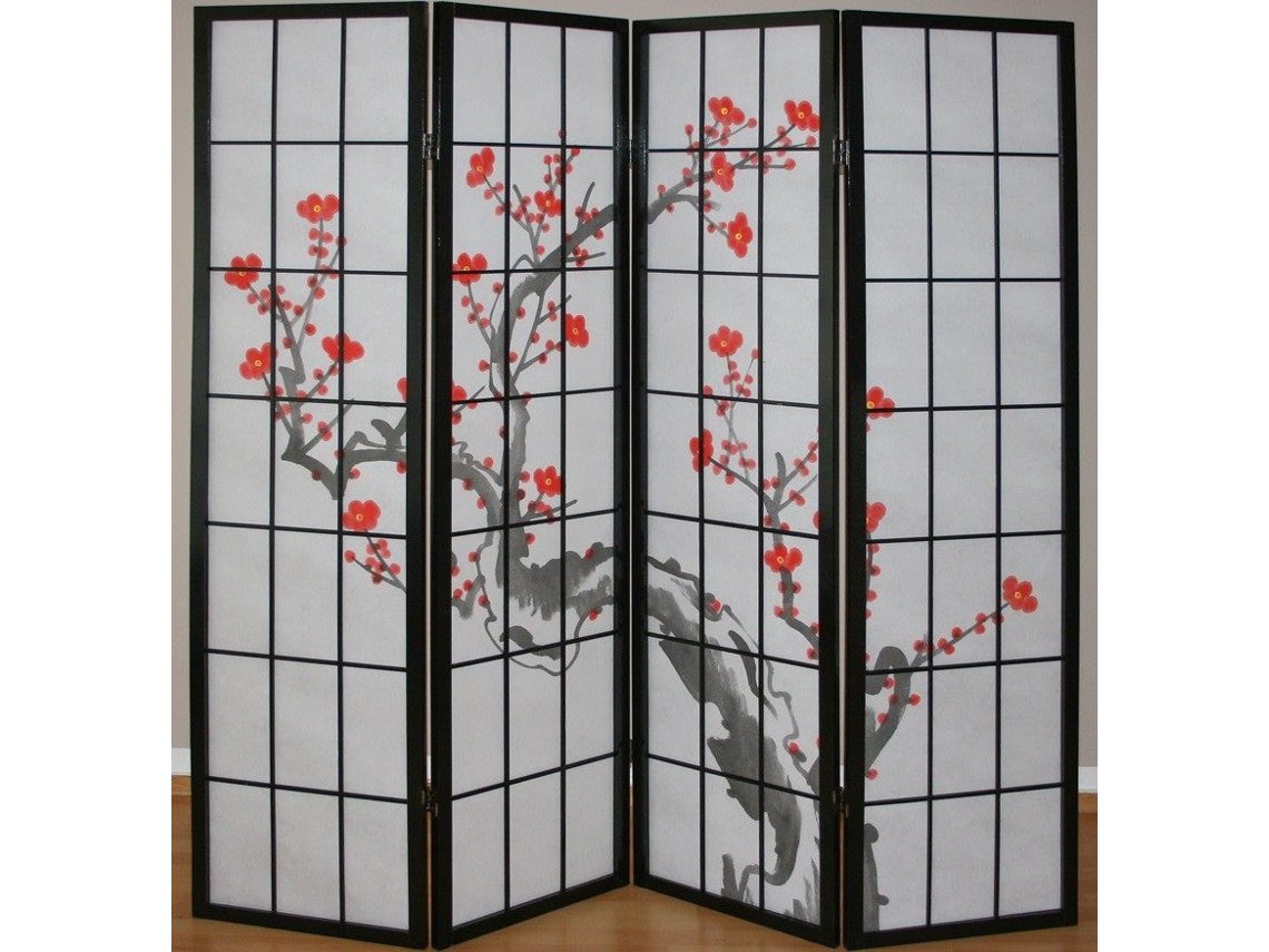 Biombo japonês dobrável de madeira com 4 painéis na cor preta, 176x175cm Par06014
